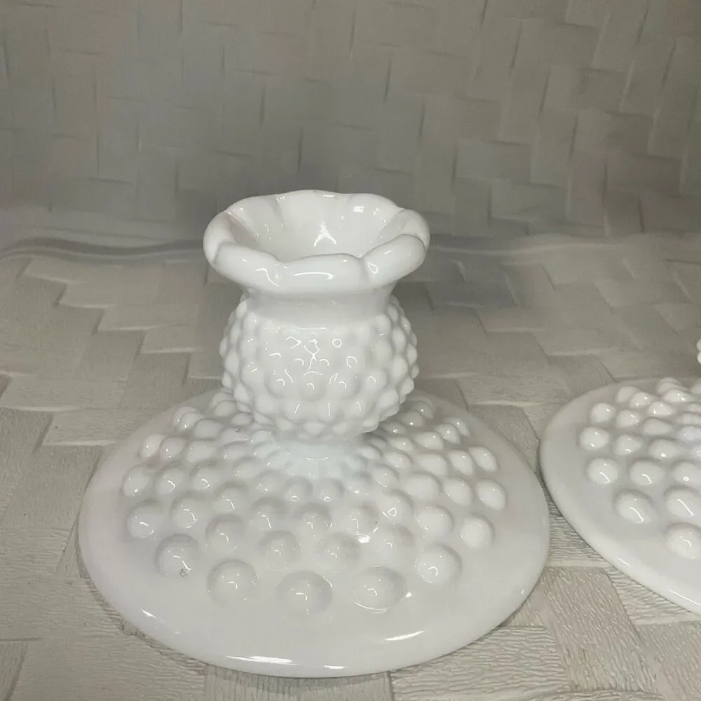 Vintage‎ Fenton Hobnail 2 Piece Candle Holder Set White Milk Glass Romantic Gift